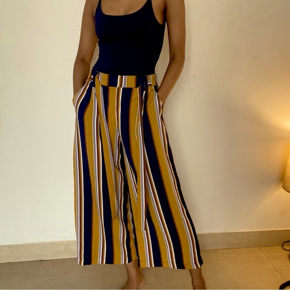 Zara Culotte wide leg trousers, mustard Yellow with navy brown white stripes - Picture 2 of 6